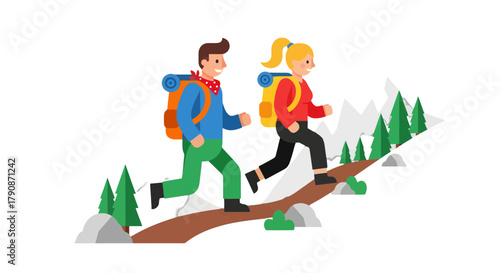 Adventurous Couple Hiking Up A Mountain Trail With Backpacks in a Modern Style