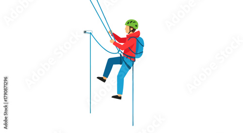 Adventurous Climber Ascends Using Ropes And Harness, Against A Black Background