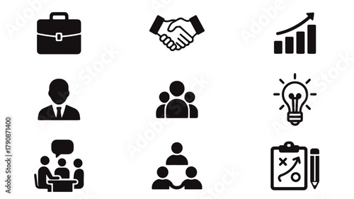 A flat design business and consulting icon collection in minimalist black and white, featuring symbols like briefcase, handshake, growth chart, target, and strategy board