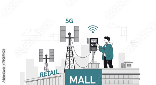5G Network Deployment at Retail Mall with Engineer Working on Tower Equipment for Enhanced