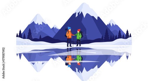 Adventurous Couple In Winter Landscape Reflected In Icy Water Under Snow Peaks