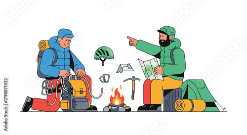 Adventurous Couple Planning Mountain Expedition: Illustrated Concept on Black Background