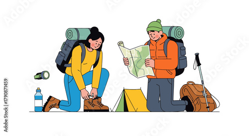 Adventurous Couple Planning Next Journey While Kneeling And Inspecting A Map