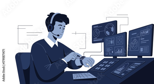 A male data analyst works on multiple monitors analyzing data trends and insights wearing a headset