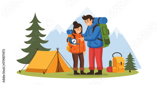 Adventurous Couple Planning Their Camping Trip in Front of Mountains Under Skies
