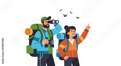 Adventurous Couple Observing Wildlife, Discovering Nature and Experiencing Outdoors Adventures