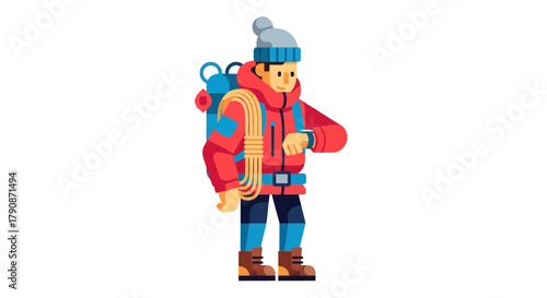 Adventurous Climber Checking Time Amidst Exploration, Mountain Climbing Expedition