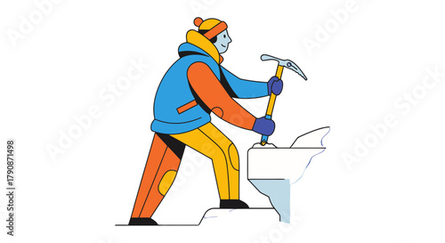 Adventurous Climber Carving Through Icy Terrain with Precision and Bold Colors