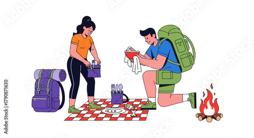 Adventurous Couple Preparing Camp and Meal With Backpacks, Bonfire and Picnic Area