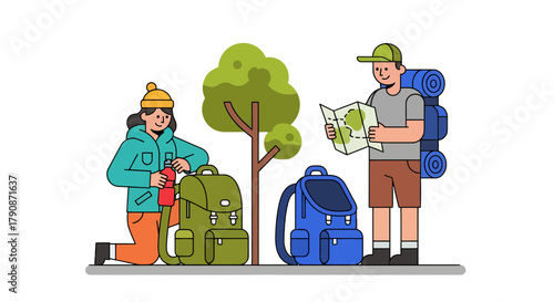 Adventurous Couple Ready For Hiking Exploring Nature With Backpacks And A Map