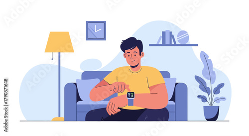 A young man interacts with his smartwatch while relaxing on the couch at home comfortably