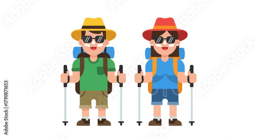 Adventurous Couple Ready For Trekking Expedition With Backpacks And Walking Sticks