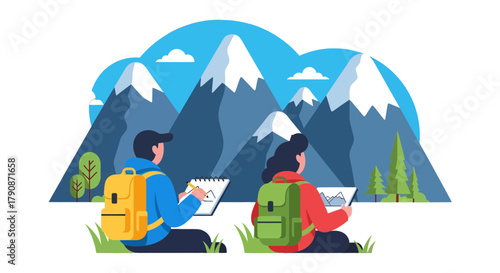 Adventurous Couple Sketching Mountainous Terrain While Immersed In the Natural Landscape