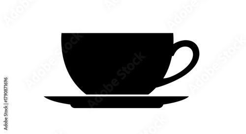 Simple black silhouette of a teacup and saucer on a white background
