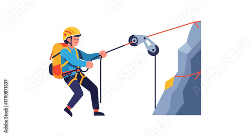 Adventurous Climber Descends From A Mountain Using Ropes And Protective Gear Successfully