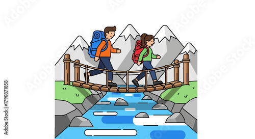 Adventurous Couple Traversing A Wooden Bridge In Scenic Mountain Landscape