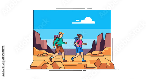 Adventurous Couple Traversing Arid Landscape Under Blue Sky During Hike Expedition