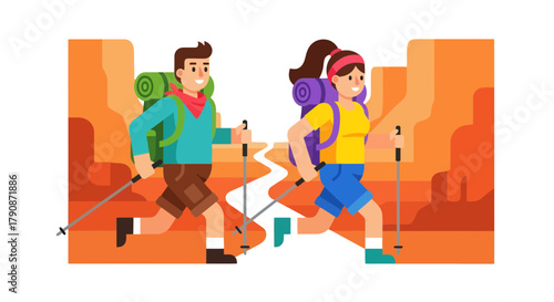 Adventurous Couple Traversing Canyon Trails in Animated Illustration of Hiking