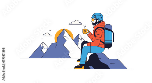 Adventurous Climber Enjoying Coffee Break With Majestic Mountain View At Sunset