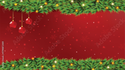 Realistic Christmas Background with Pine Garland, Glowing Fairy Lights, and Hanging Orbs - Festive Holiday Decoration for Warm Winter Celebrations