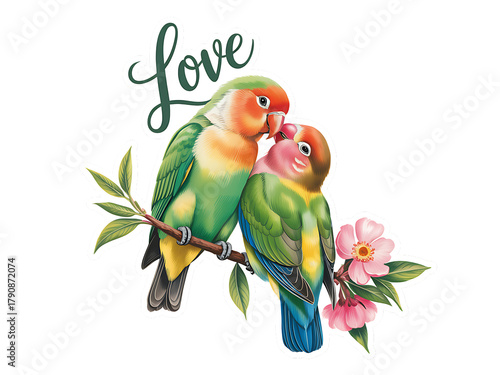 Two lovebirds perched on a branch with flowers and love text