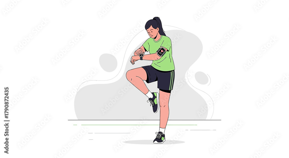 Fototapeta premium Athletic woman checking smartwatch fitness tracker, getting ready for a workout session