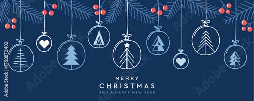 merry christmas card with hanging decoration in form of tree and heart vector illustration