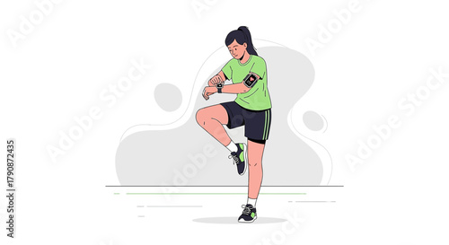 Athletic woman checking smartwatch fitness tracker, getting ready for a workout session