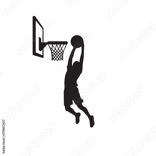 Black vector icon illustration of a running basketball player silhouette in action for sport business competition