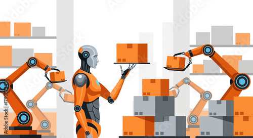Automated warehouse featuring robot and robotic arms moving packages showcasing logistics
