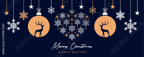 christmas greeting card with decorative christmas balls with reindeer vector illustration