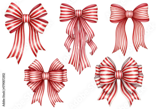 Collection of five red and white striped bows isolated on transparent background