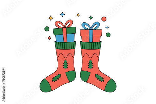 Christmas stockings overflow with gifts and festive cheer, ready for Santa.