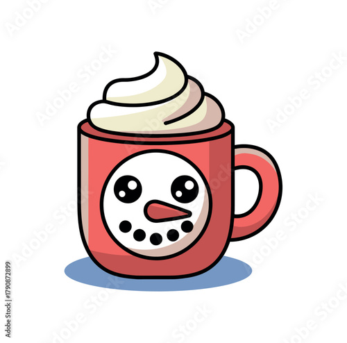 A cute cartoon mug with a snowman design filled with whipped cream