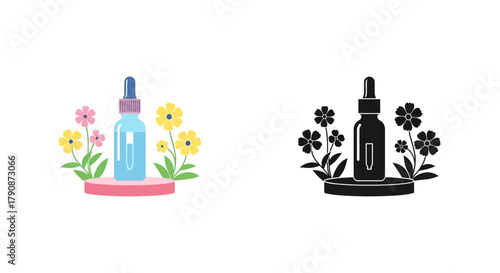 Cosmetic dropper bottle with vibrant flowers and a monochrome silhouette version