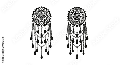 Detailed black and white illustration of a pair of dream catchers