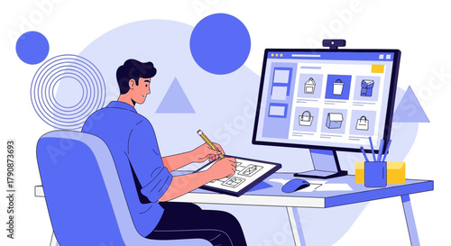 Designer sketching package designs on a tablet with a computer screen displaying ideas showcasing