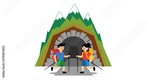 Adventurous Couple Traversing Into a Mountain Cave for a Scenic Hike Expedition