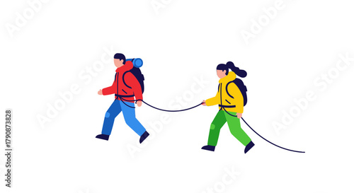 Adventurous Couple Traversing Landscape Illustrated, Displaying Collaboration And Pursuit