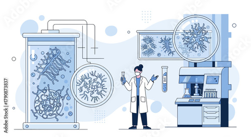 Detailed laboratory illustration showcasing scientific research on viruses and bacteria