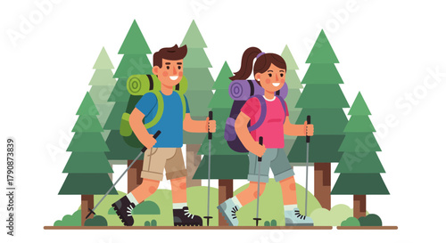 Adventurous Couple Traversing Forest Trail with Backpacks and Trekking Poles for Hiking Experience