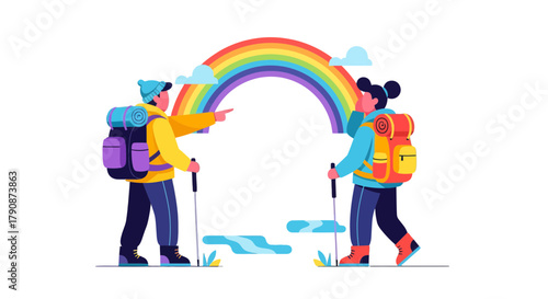 Adventurous Couple Traversing Landscape with Rainbow Symbolizing Hope and Exploration