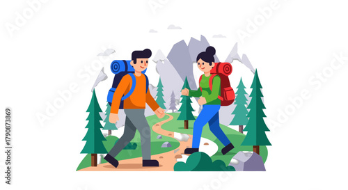 Adventurous Couple Traversing Mountain Trail With Backpacks and Exploring Nature