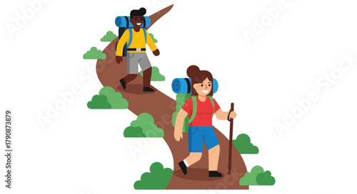 Adventurous Couple Traversing Mountain Trail Hiking Together Under a Starry Sky