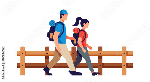 Adventurous Couple Traversing Trails, Equipped for Expedition, Enjoying Serene Hike