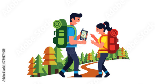 Adventurous Couple Traversing Trail with Backpacks and Gps Navigation in Nature