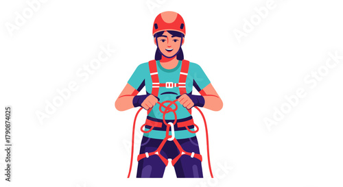Adventurous Female Rock Climber Preparing Her Safety Harness Before Ascending A Cliff