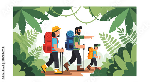 Adventurous Family Exploring Lush Jungle: Hiking Together Amidst Verdant Foliage