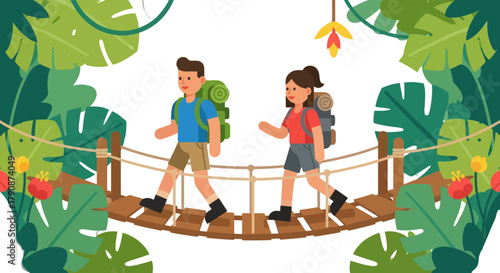 Adventurous Couple Traversing Wooden Bridge in Lush Green Jungle Illustration