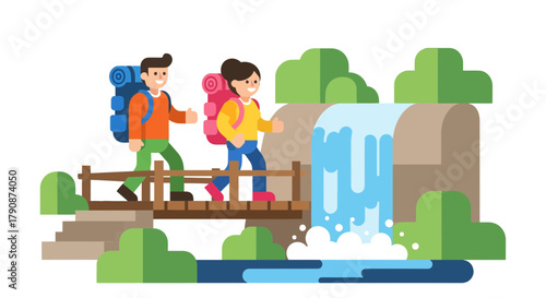 Adventurous Couple Traversing Wooden Bridge Beside a Cascading Waterfall in Nature